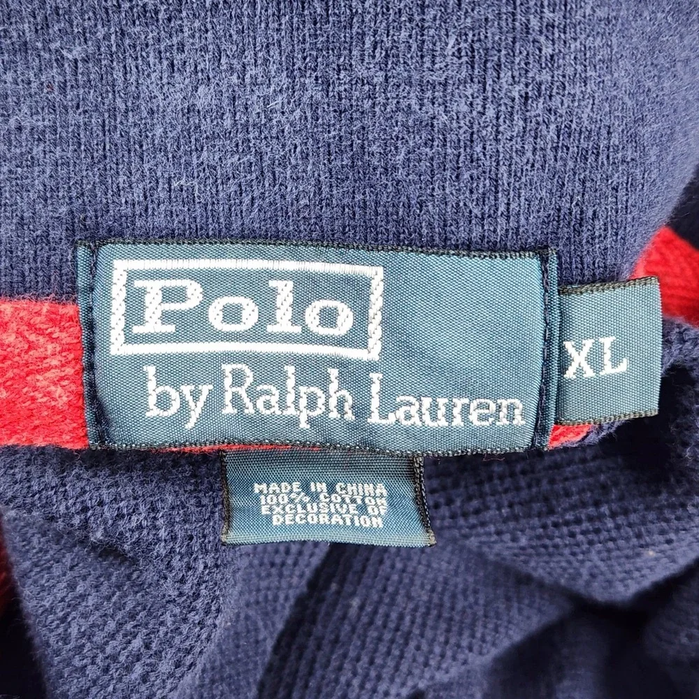 Polo Ralph Lauren Polo Shirt Mens XL Navy Striped Rugby Venting Pony 90s Vintage